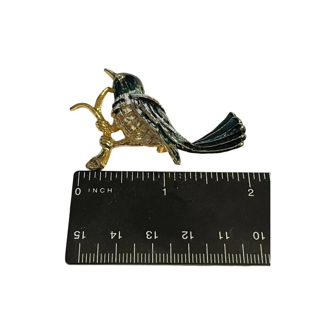Gerry's Vintage Bird on Branch Brooch Pin‎ Gold Tone Enameled Blue White Read